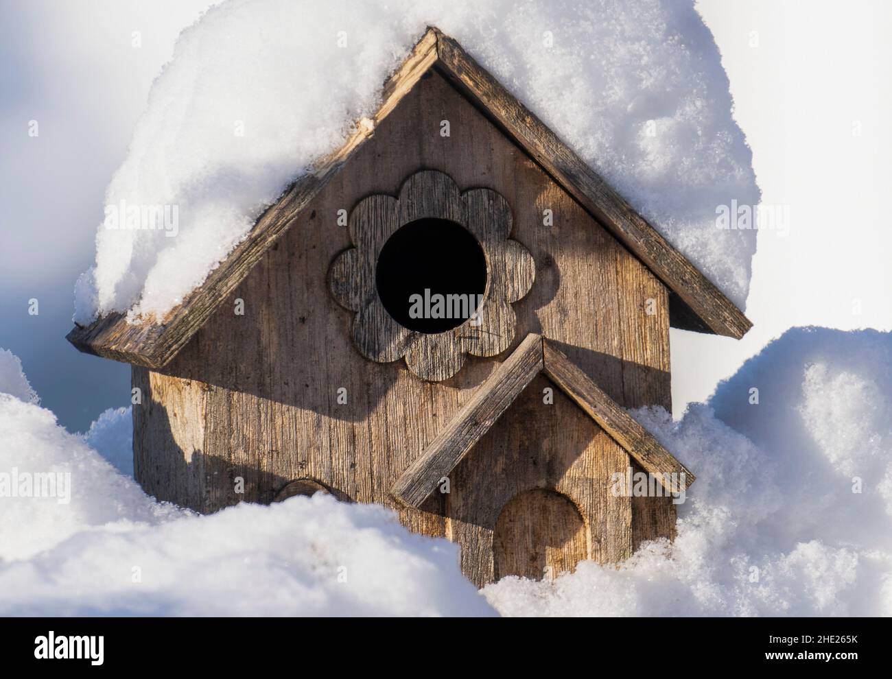 Ein Vogelhaus bedeckt mit Schnee Stockfoto