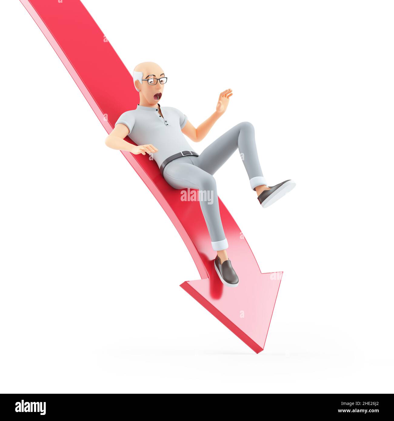 3D älterer Mann fällt vom Pfeil nach unten, Abbildung isoliert auf weißem Hintergrund Stockfoto