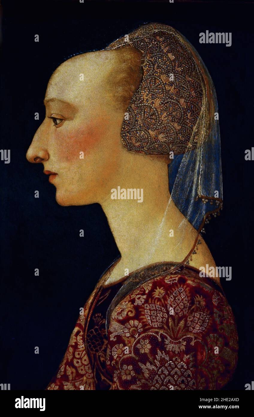 Lady in Red aus Florenz, Florenz, 1440-1450 Anonymous Italienisch, Italien, Schönheitsideale wie eine hohe Stirn und ein langer Hals sind in diesem Profilporträt gut vertreten, Stockfoto