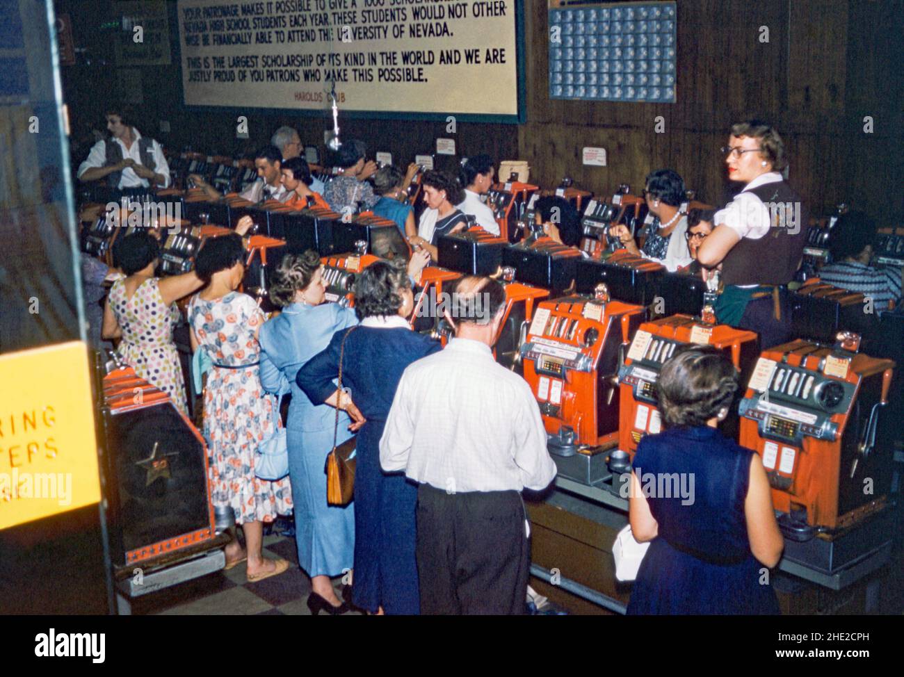 Die Kunden an den Pokerautomaten im Harold's Club, einem Casino in der North Virginia Street, Reno, Nevada, USA, wurden Ende 1950s angesehen. Eine Glücksspielmaschine, wie sie hier gespielt wird, wird oft als ‘einarmiger Bandit’, ‘Spielautomat’, ‘Fruchtautomat’ oder ‘Pokey’ bezeichnet und Menschen ‘spielen’ die Früchte, Spielautomaten oder Pokies. Ein Plakat an der Wand zeigt an, dass, selbst wenn Spieler Geld verlieren, einige an einen guten Zweck gehen werden – Stipendien an der Universität von Nevada. Dieses Bild stammt von einem alten amerikanischen Amateur Kodak Farbtransparenz - ein Vintage 1950s Foto. Stockfoto