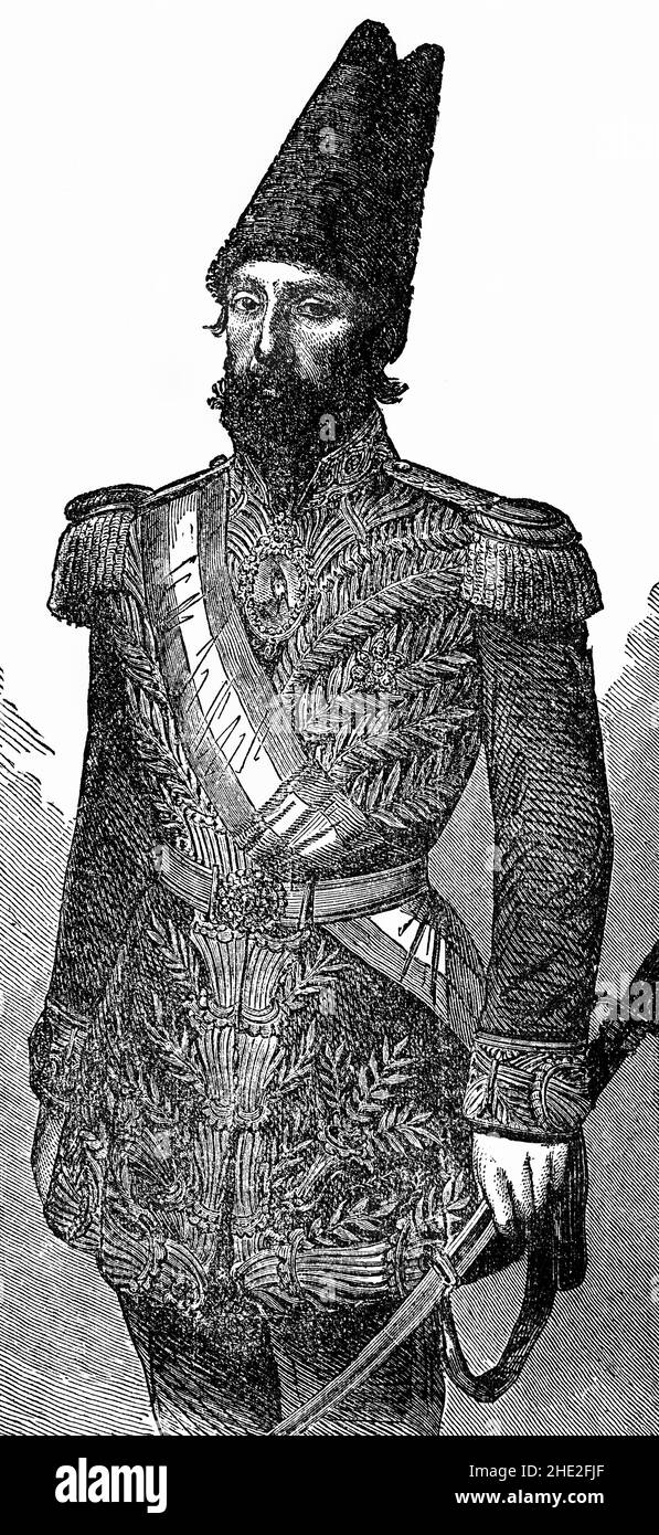 Naser al-DIN Shah Qajar (1831-1896) war der Schah des Qajar Iran alias Qajar Persien vom 5. September 1848 bis zum 1. Mai 1896, als er ermordet wurde. Er war der Sohn von Mohammad Shah Qajar und Malek Jahān Khānom und der drittlängste regierende Monarch der iranischen Geschichte nach Shapur II. Der Sassaniden-Dynastie und Tahmasp I. der Safaviden-Dynastie. Nasser al-DIN Shah hatte fast 50 Jahre lang die souveräne Macht. Er war der erste moderne persische Monarch, der formell Europa besuchte und auch seine Memoiren schrieb. Stockfoto