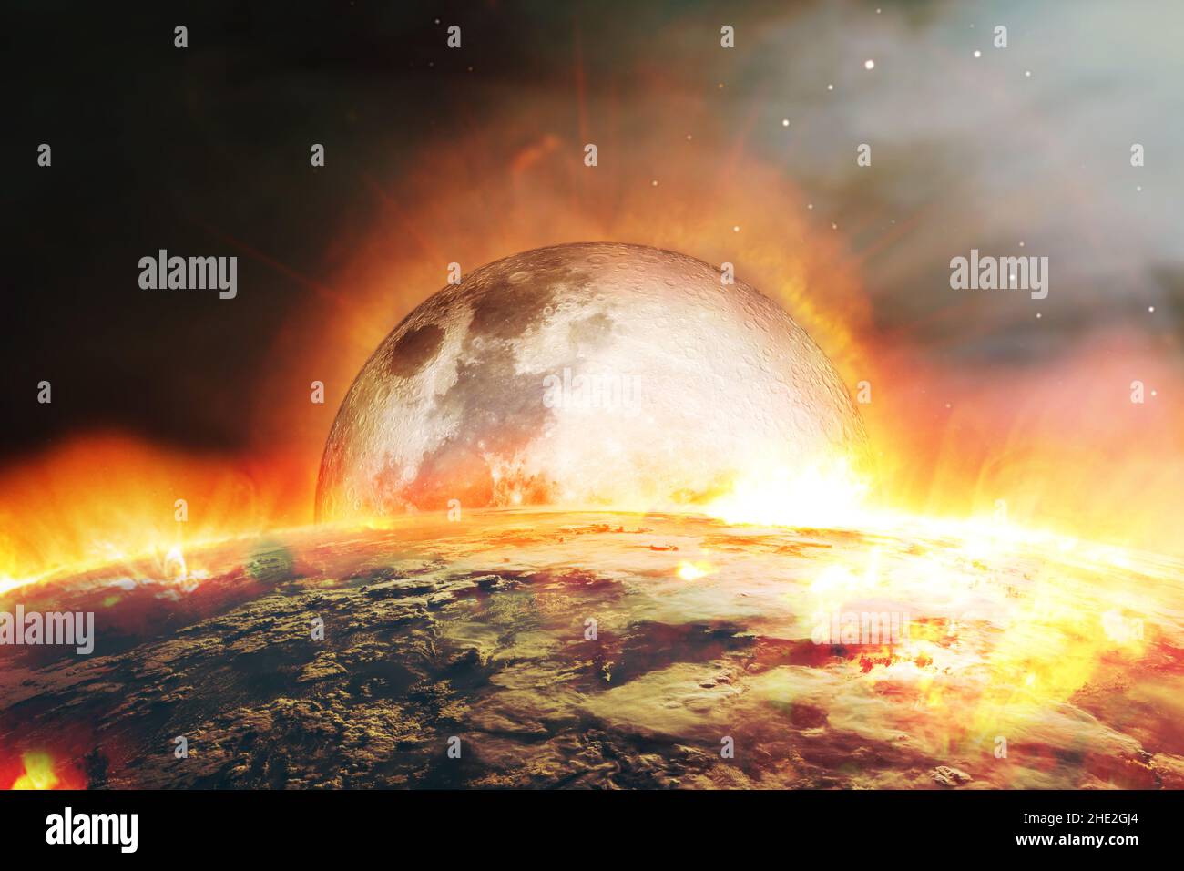 Apokalyptischer abstrakter Hintergrund mit Mondfall und brennender Erde. Elemente dieses Bildes, die von der NASA eingerichtet wurden. Stockfoto