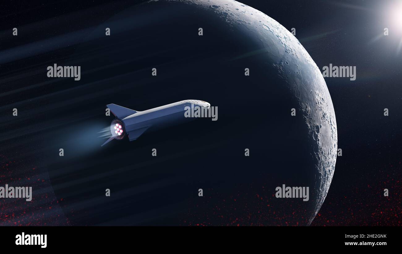 Sternschiff fliegt im Weltraum auf dem Hintergrund des großen Mondes. Elemente dieses Bildes, die von der NASA eingerichtet wurden. Stockfoto