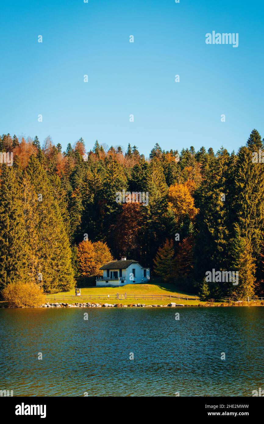 Vertikale Aufnahme eines malerischen Seeufers mit einem Haus und Nadelwald in Herbstfarben Stockfoto