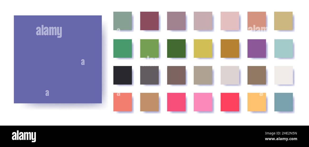 Paletten mit den Farben 2022. Beispiel für einen Katalog von Farbfeldern in der Farbpalette. Passende Farbtöne für Modetrends. Vektorgrafik für Stoff, Stock Vektor