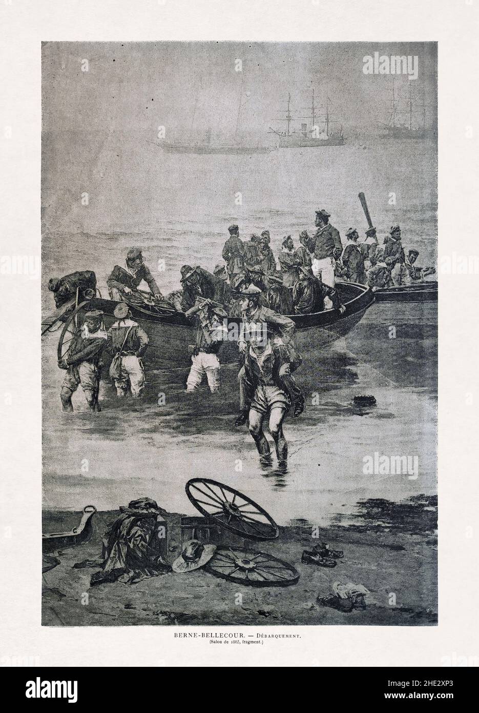 Illustration einer Landung der französischen Marine-Einheit, die 1885 vom Maler und ehemaligen Soldaten Bern-Bellecour gemacht wurde. Stockfoto