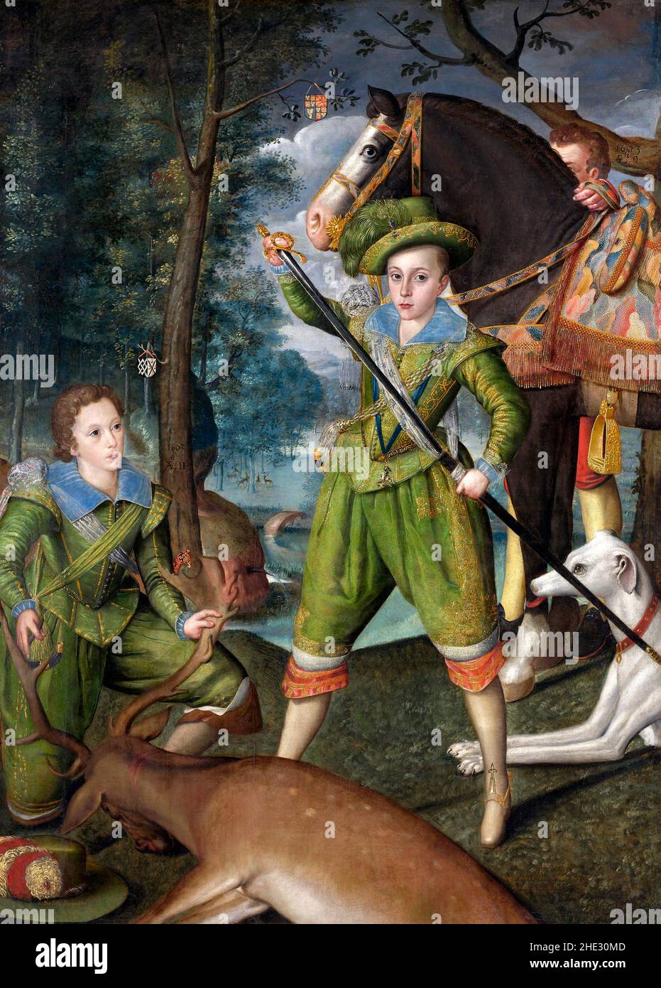 Henry Frederick (1594–1612), Prinz von Wales, mit Sir John Harington (1592–1614), in the Hunting Field von Robert Peake the Elder, Öl auf Leinwand, 1603. Henry war der älteste Sohn von König James VI. Und I von Schottland, England und Irland und war Thronfolger, aber im Alter von 18 Jahren hatte er seinen Vater im Jahr 1612 vorausgegangen. Stockfoto