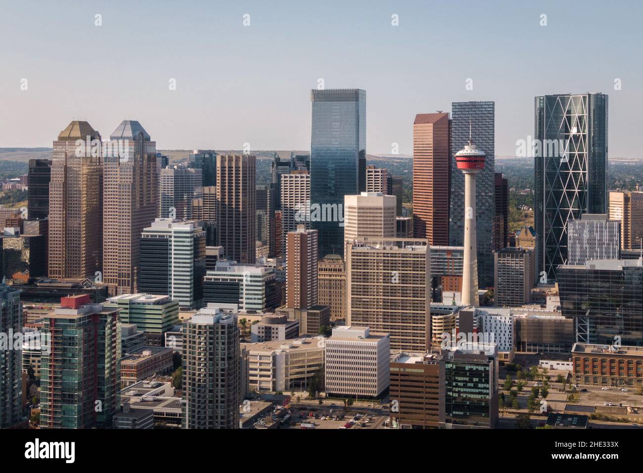 Luftaufnahme der modernen Wolkenkratzer in der Innenstadt von Calgary, Alberta, Kanada. Stockfoto