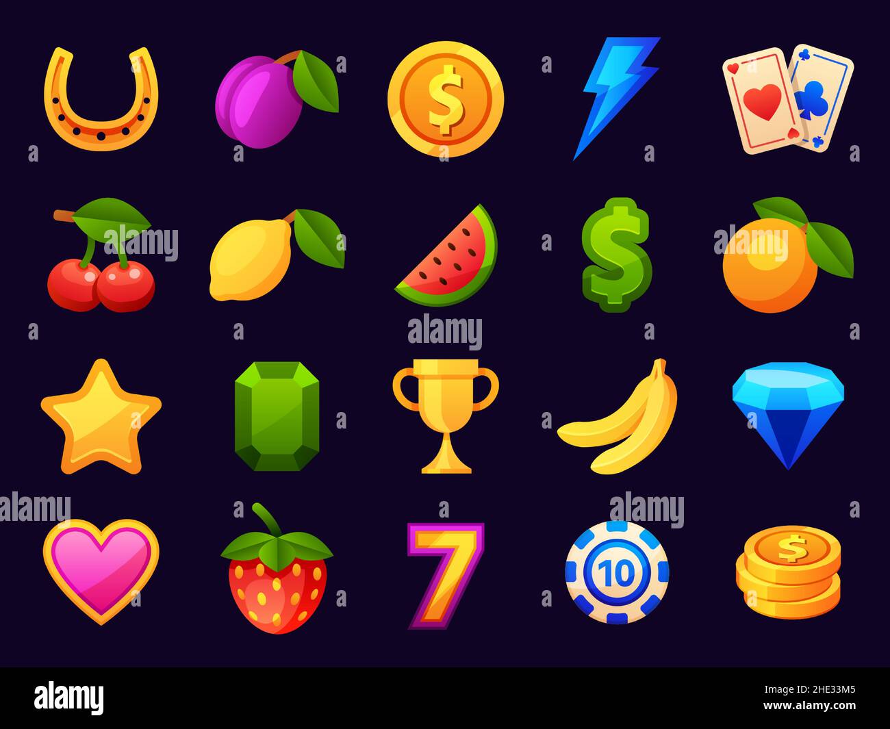Casino slot machine Symbole, Glücksspiel-Symbole. Cartoon-Elemente für mobile Casino-App. Kirsche, Münzen, Trophäe und Karten Vektor-Set Stock Vektor