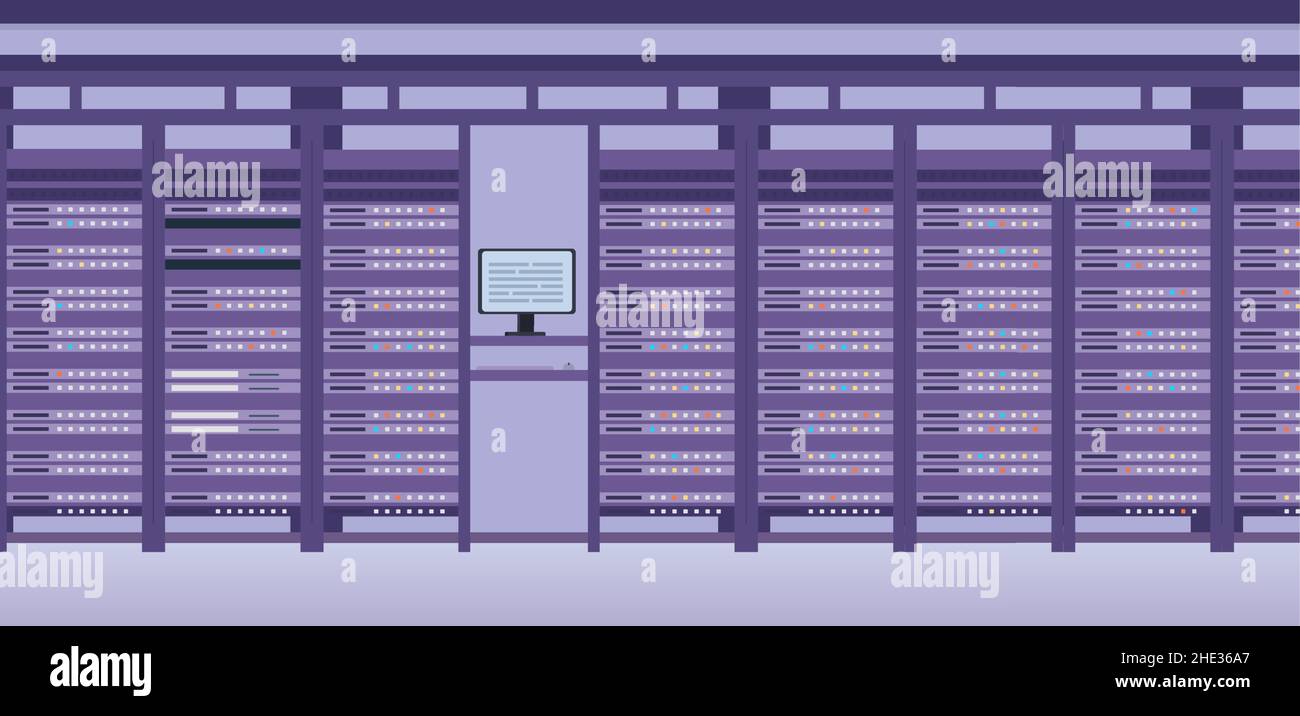 Hosting des Rechenzentrums und des Serversystemraums. Flache Hardware-Technologie-Gerätegruppe. Vektorszene für physischen Speicher der Webdatenbank Stock Vektor