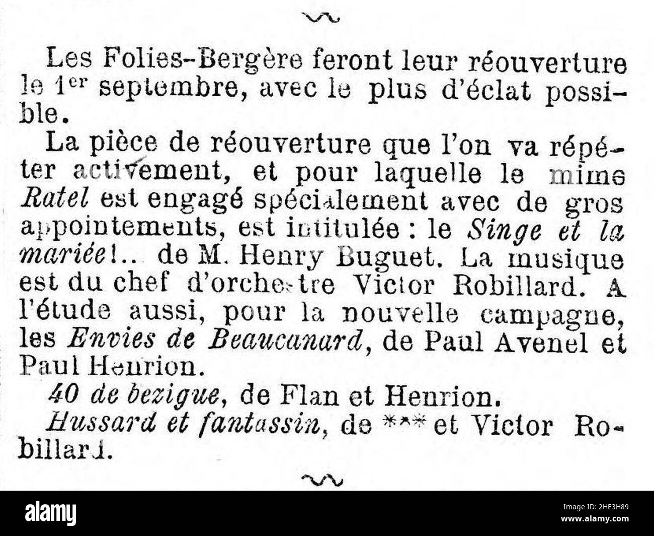 Réouverture des Folies-Bergère le 1er septembre 1869 - Rugrique bruits de coulisses - Le Gaulois - 3 août 1869. Stockfoto