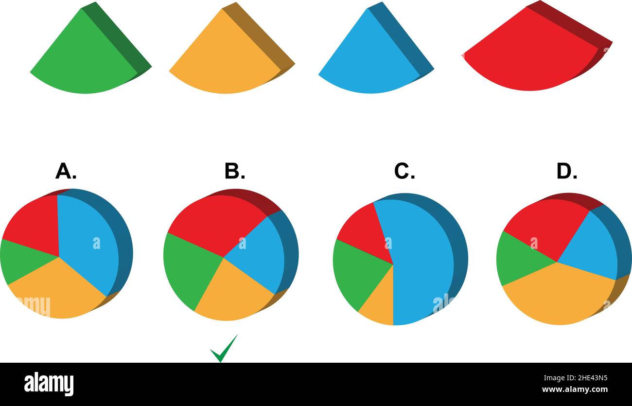 IQ Abstract Reasoning Test mit vier Kreisdiagrammsegmenten und vier ausgefüllten Diagrammen als Optionen Stock Vektor