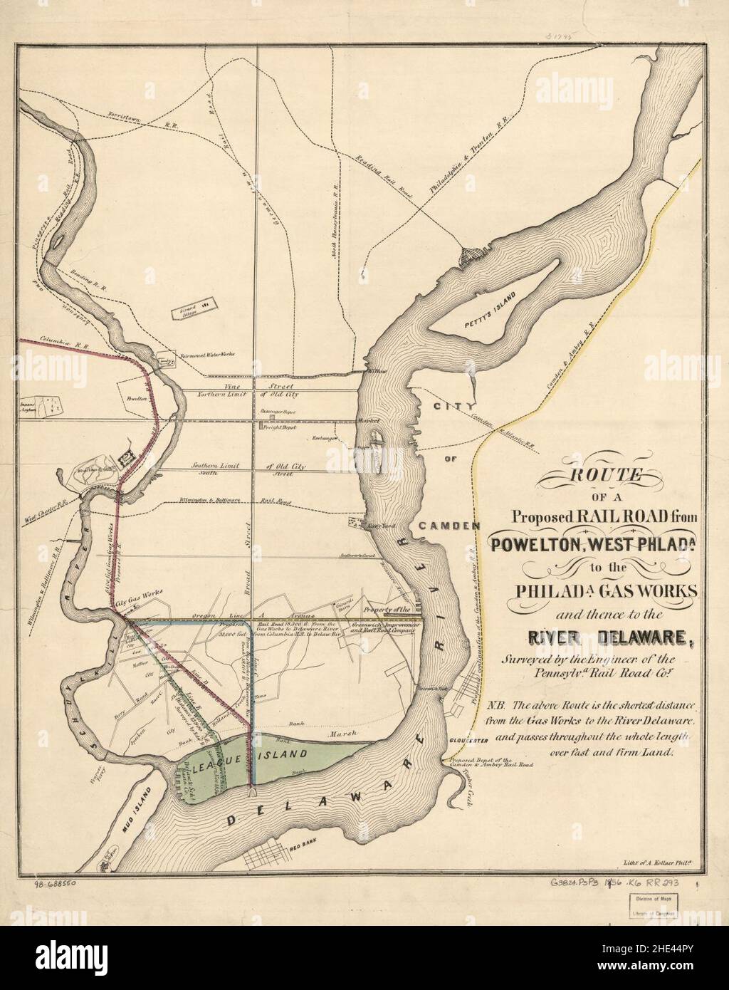 Route einer geplanten Eisenbahn von Powelton, West Philad'a, zu den Philad'a Gaswerken und von dort zum Fluss Delaware Stockfoto