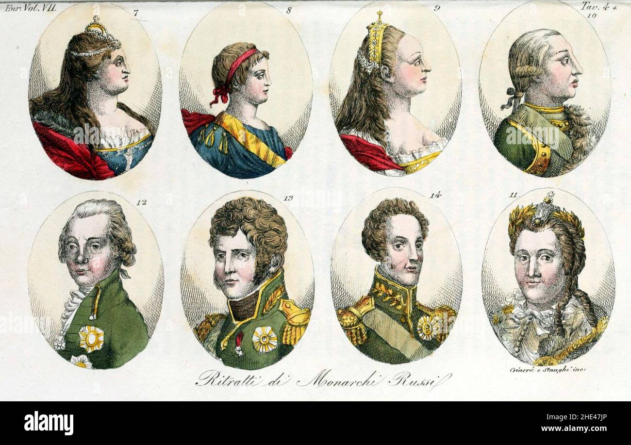 Königshaus von Russland, Haus Romanow, Anna, Ivan, Elisabetta, Pietro III, Caterina II, Paolo I, Alessandro I, Nicola I, Illustration für Il costume antico e moderno von Giulio Ferrario Europa Vol VII pt 2 1831 (18). Stockfoto