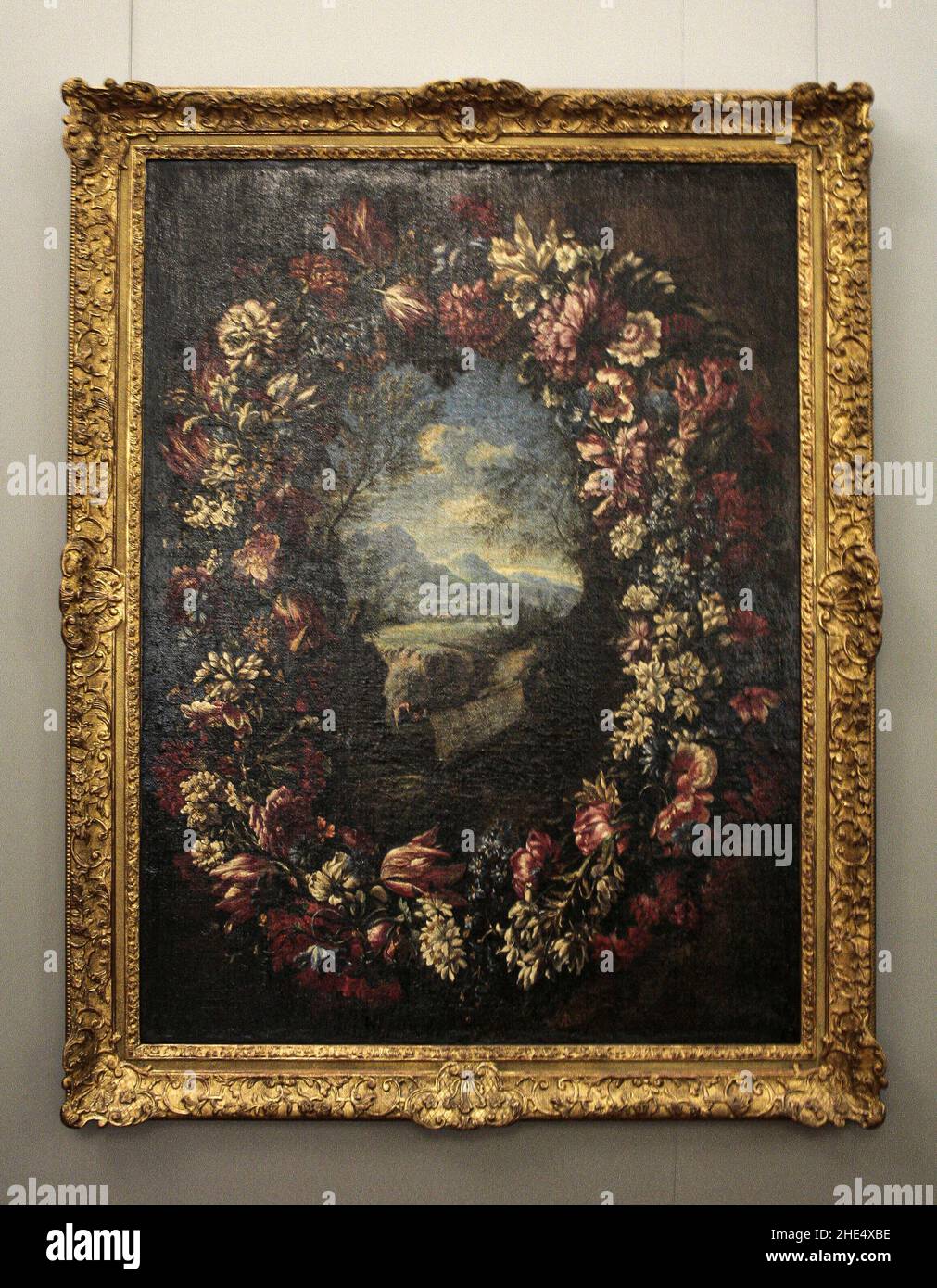 Zagreb, Kroatien, Republika Hrvatska, Europa. Mimara Museum (Muzej Mimara). Abraham Brueghel (1631-1697), Blumengirlande mit Landschaft, um 1660-1670, Öl auf Leinwand. Stockfoto