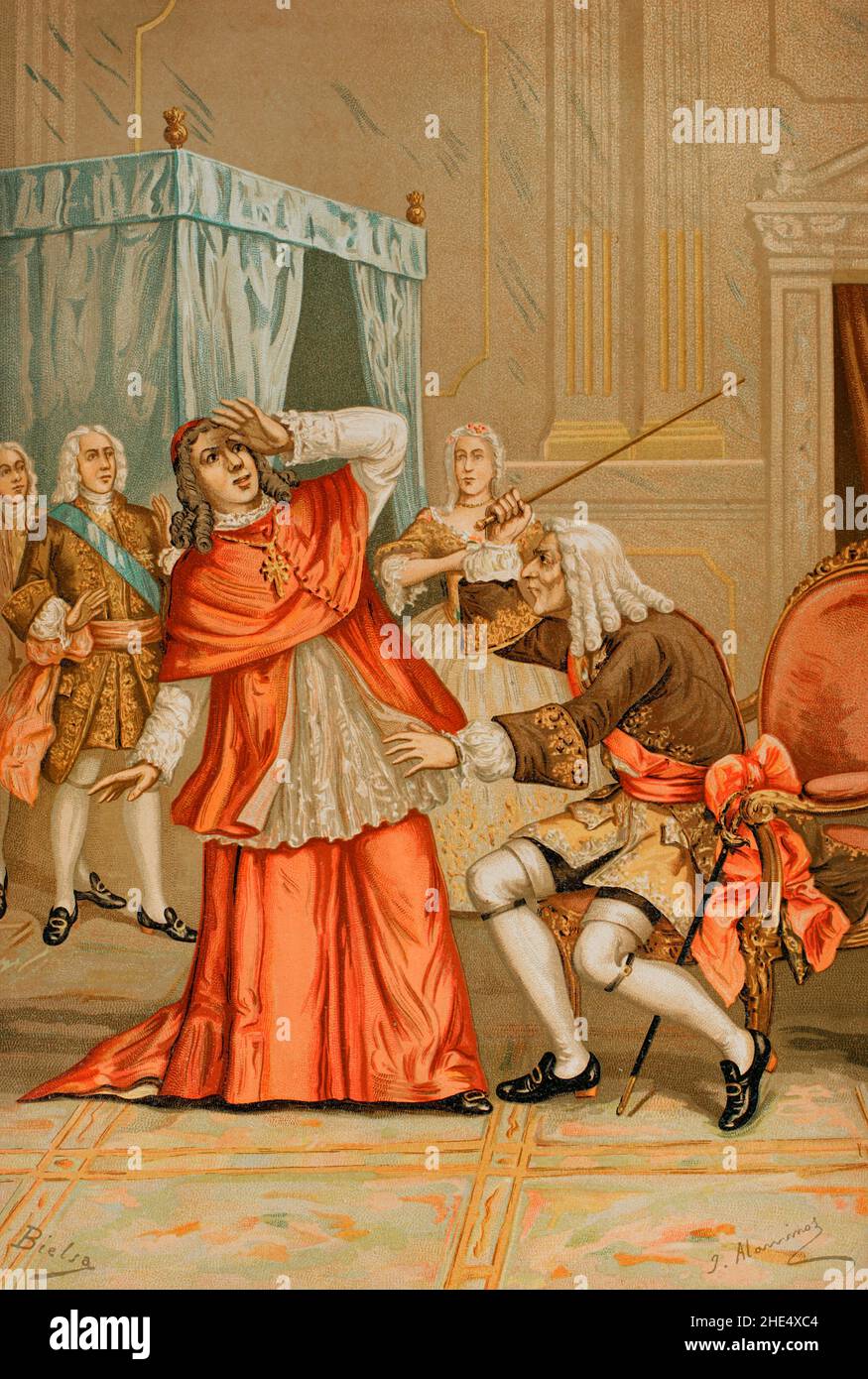 Giulio Alberoni (1664-1752). Italienischer Diplomat, Staatsmann und Kardinal der katholischen Kirche. Im April 1713 zum offiziellen Vertreter des Herzogs von Parma ernannt. Er war der Hauptberater von König Philipp V. von Spanien. Streit zwischen Kardinal Alberoni und dem Bürgermeister von Mayordomo, Herzog von Escalona, während der Krankheit von Philip V. Niemand durfte die königliche Kammer betreten, außer die von der Königin und Alberoni autorisierten. Alberoni bat den Herzog von Escalona, den Raum nicht zu betreten, über den dieser empört wurde. Die Königin sah die Szene, als sie beim König saß Stockfoto
