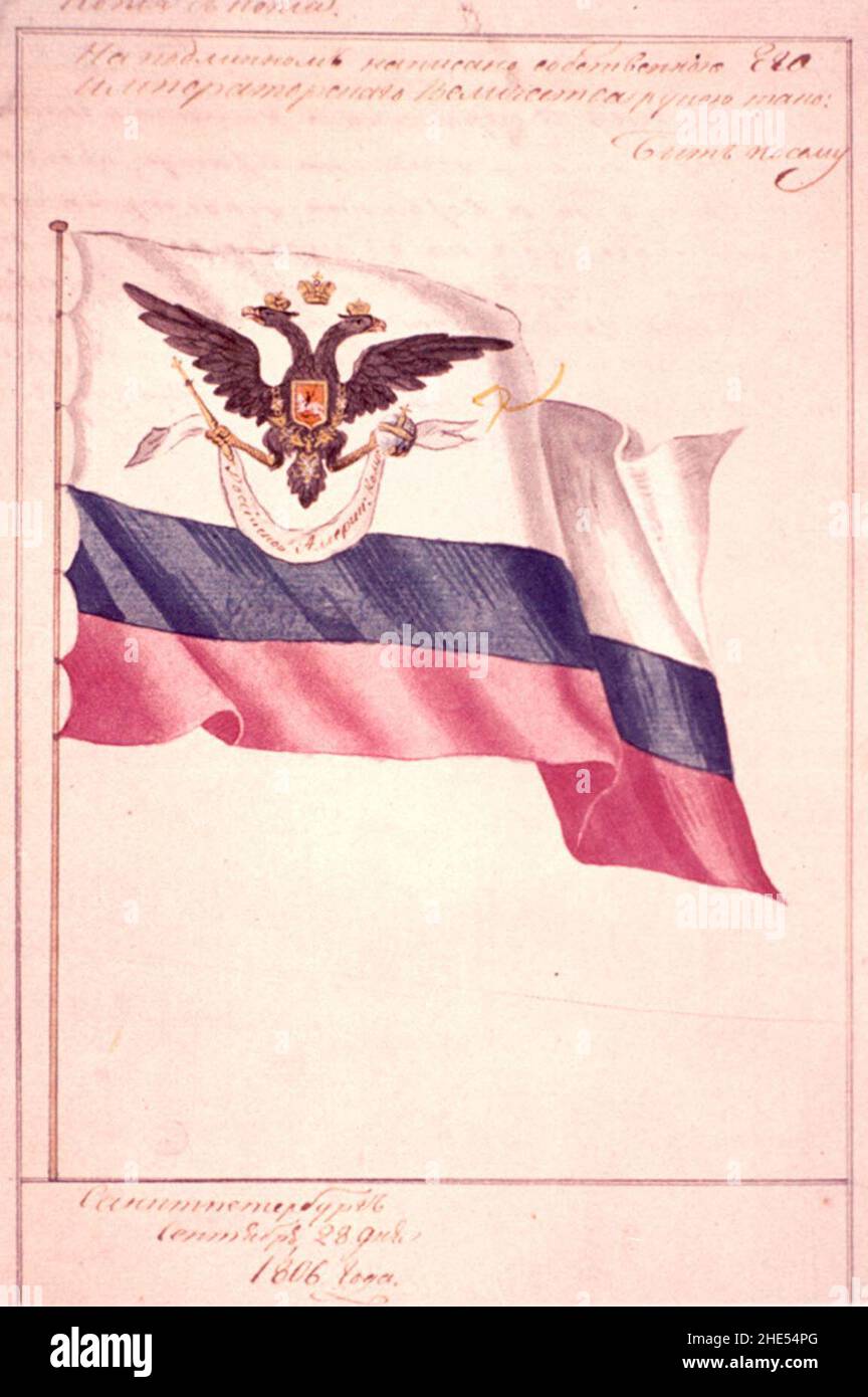Russisch-amerikanische Firmenflagge, genehmigt von Aleksandr I, 1806. Stockfoto