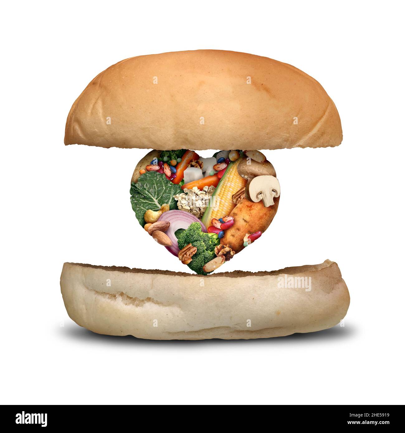 Vegan Burger-Konzept als pflanzenbasiertes Veggie-Patty für Burger in einer vegetarischen Ernährung mit Bohnen, Kartoffeln, Gemüse, Pilze in Herzform. Stockfoto