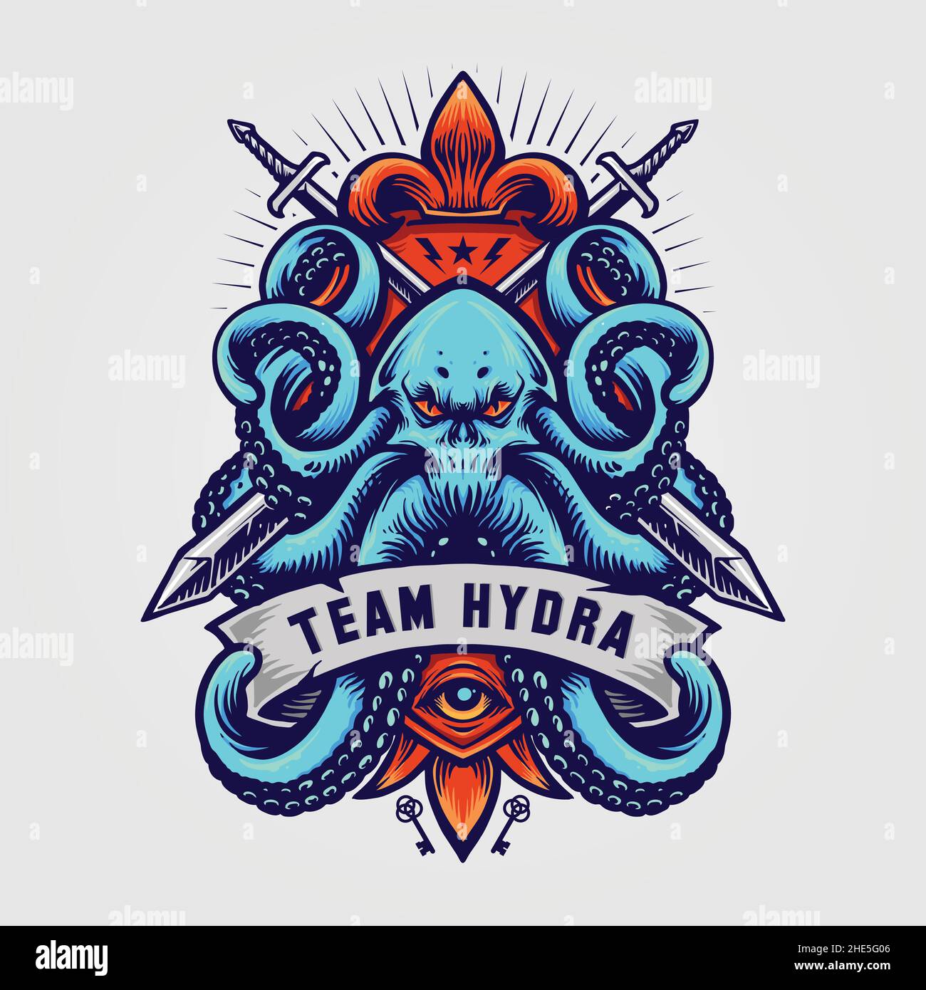 Octopus Kraken Badge Logo Hydra Illustrationen für Ihre Arbeit Logo, Maskottchen Merchandise T-Shirt, Aufkleber und Label-Designs, Poster, Grußkarten Stock Vektor