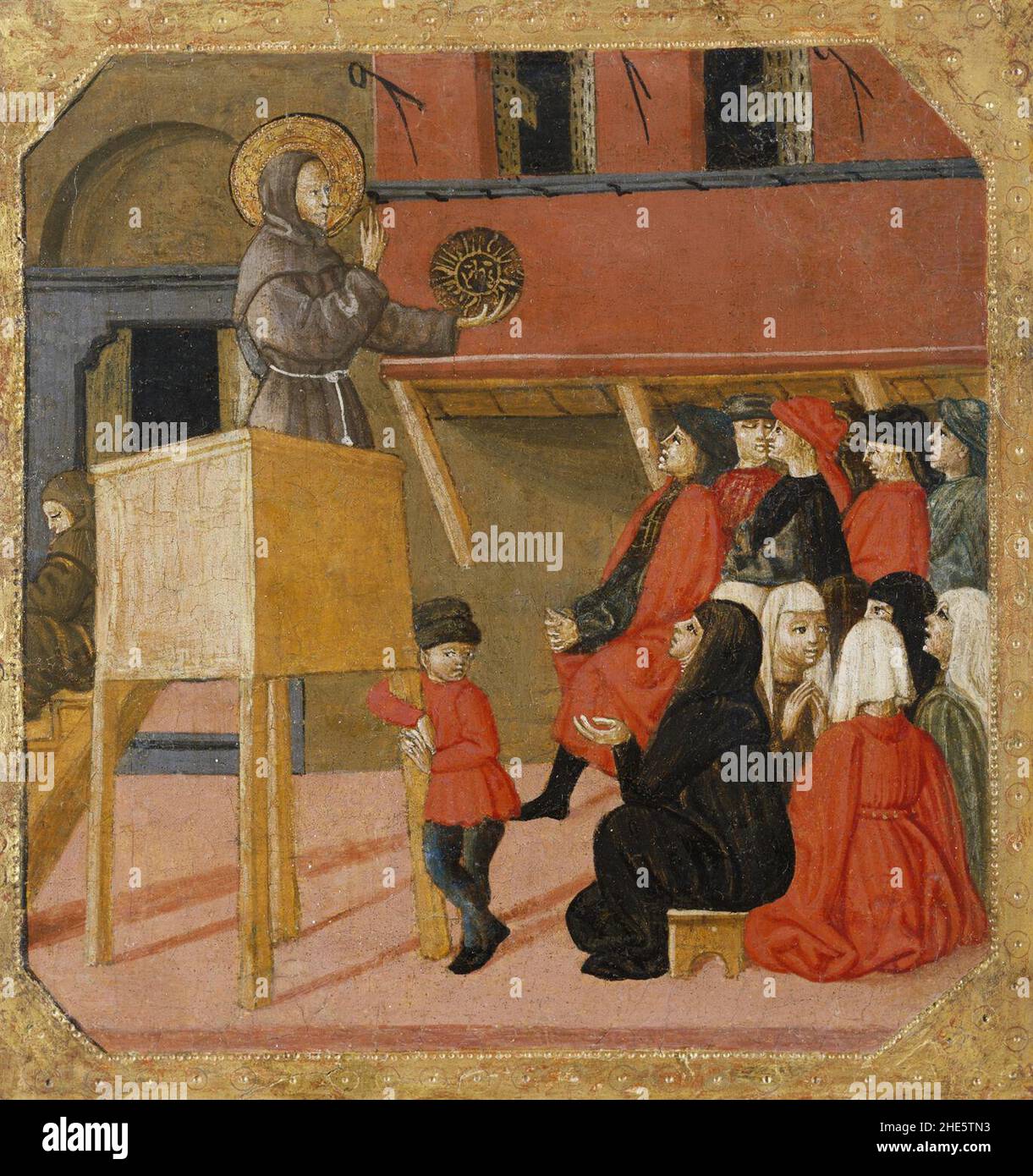 Der heilige Bernardino von Siena predigt von Lo Scheggia. Stockfoto