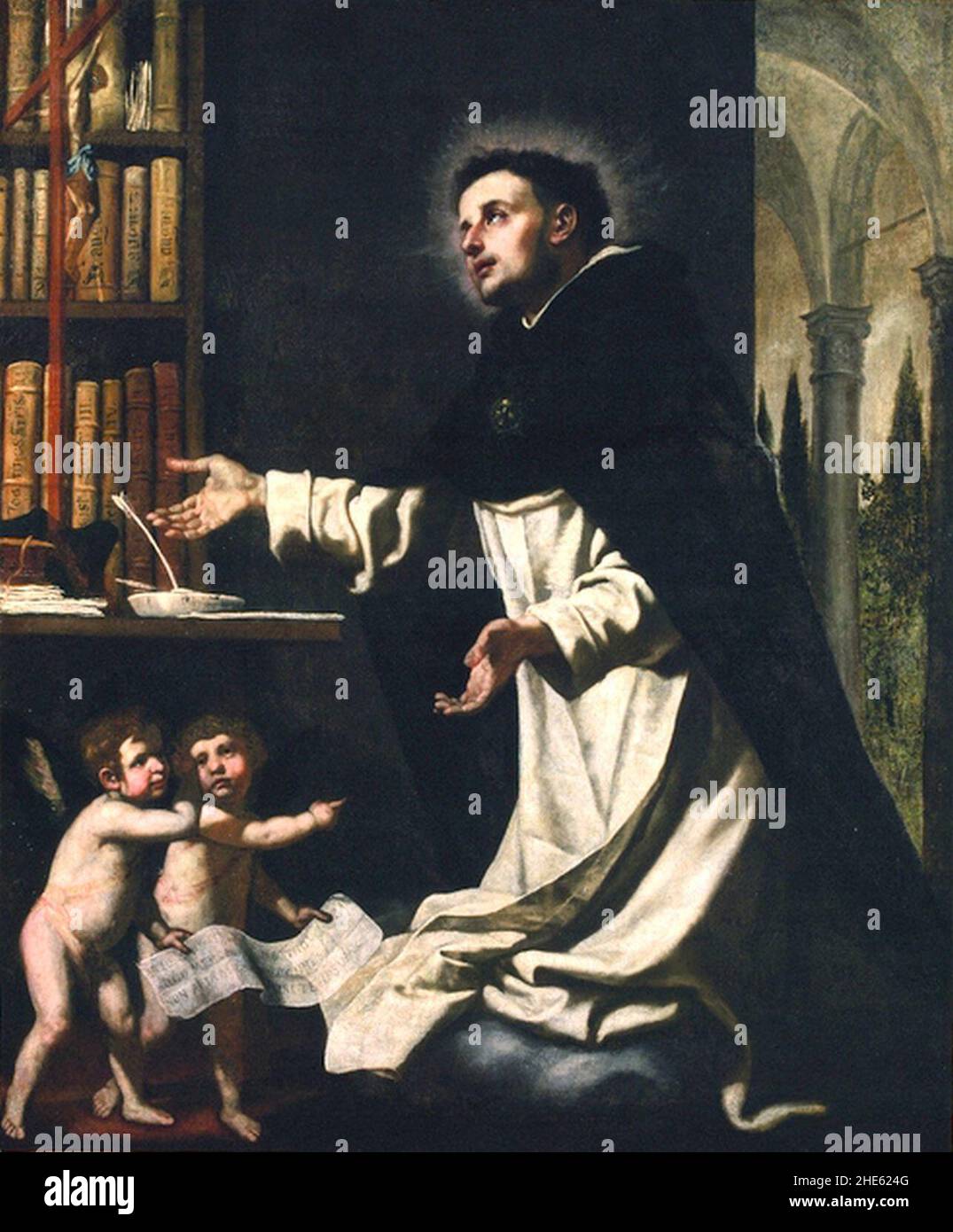 Saint Thomas d'Aquin en extase dans sa Bibliothèque avec deux anges. Stockfoto