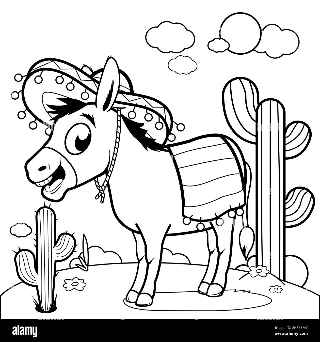 Mexikanischer Esel in der Wüste. Schwarz-Weiß-Malseite. Stockfoto