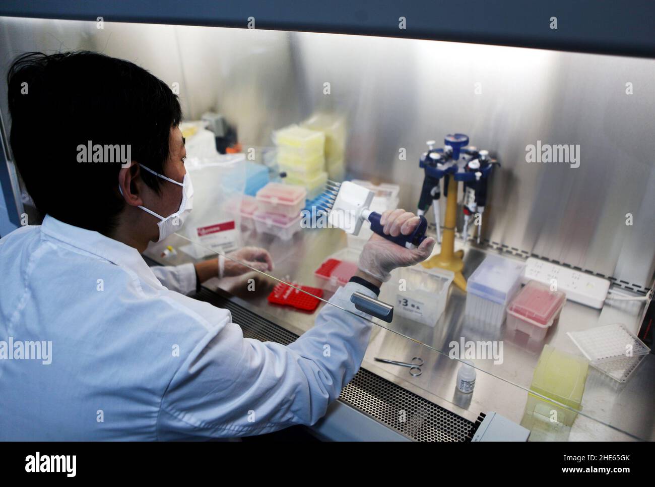 LIANYUNGANG, CHINA - 7. JANUAR 2022 - Eine DNA-Probe wird von einem technischen Experten des Verbrecherzweigs für Wissenschaft und Technologie der Criminal Inves hinzugefügt Stockfoto