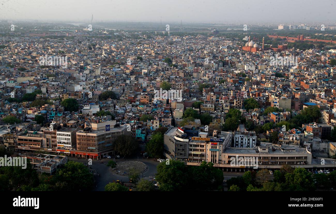 Eine Luftaufnahme des alten Teils der indischen Hauptstadt, Neu-Delhi. Stockfoto