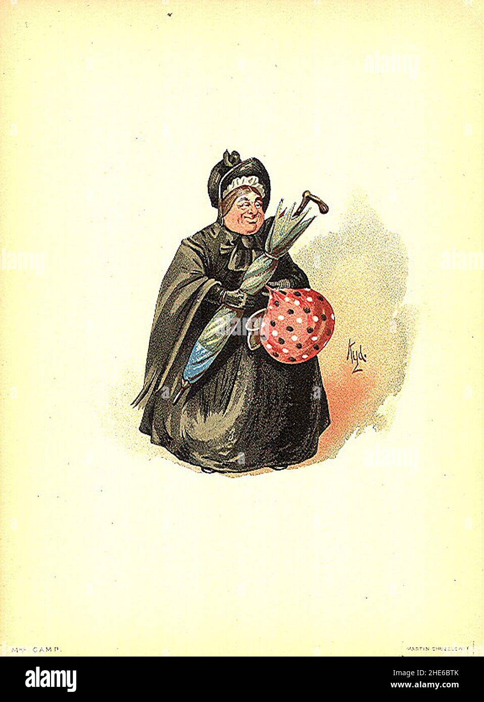 Sairey Gamp 1889 Dickens Martin Chuzzlewit Charakter von Kyd (Joseph Clayton Clarke). Stockfoto