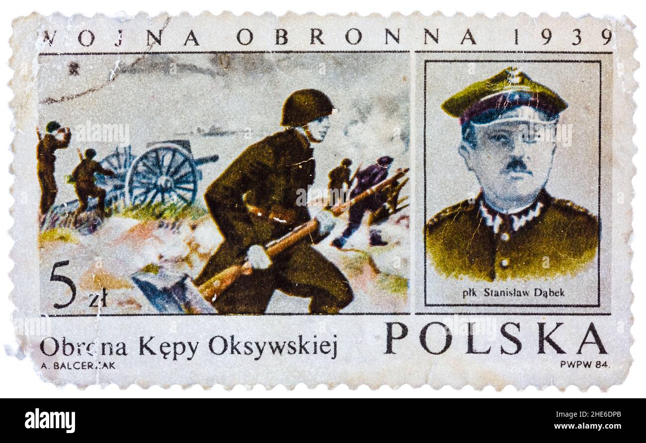 In Polen gedruckte Briefmarke zeigt Porträt Stanislaw Dabek Oberst der Infanterie der polnischen Armee, posthum zum Brigadier General befördert Stockfoto
