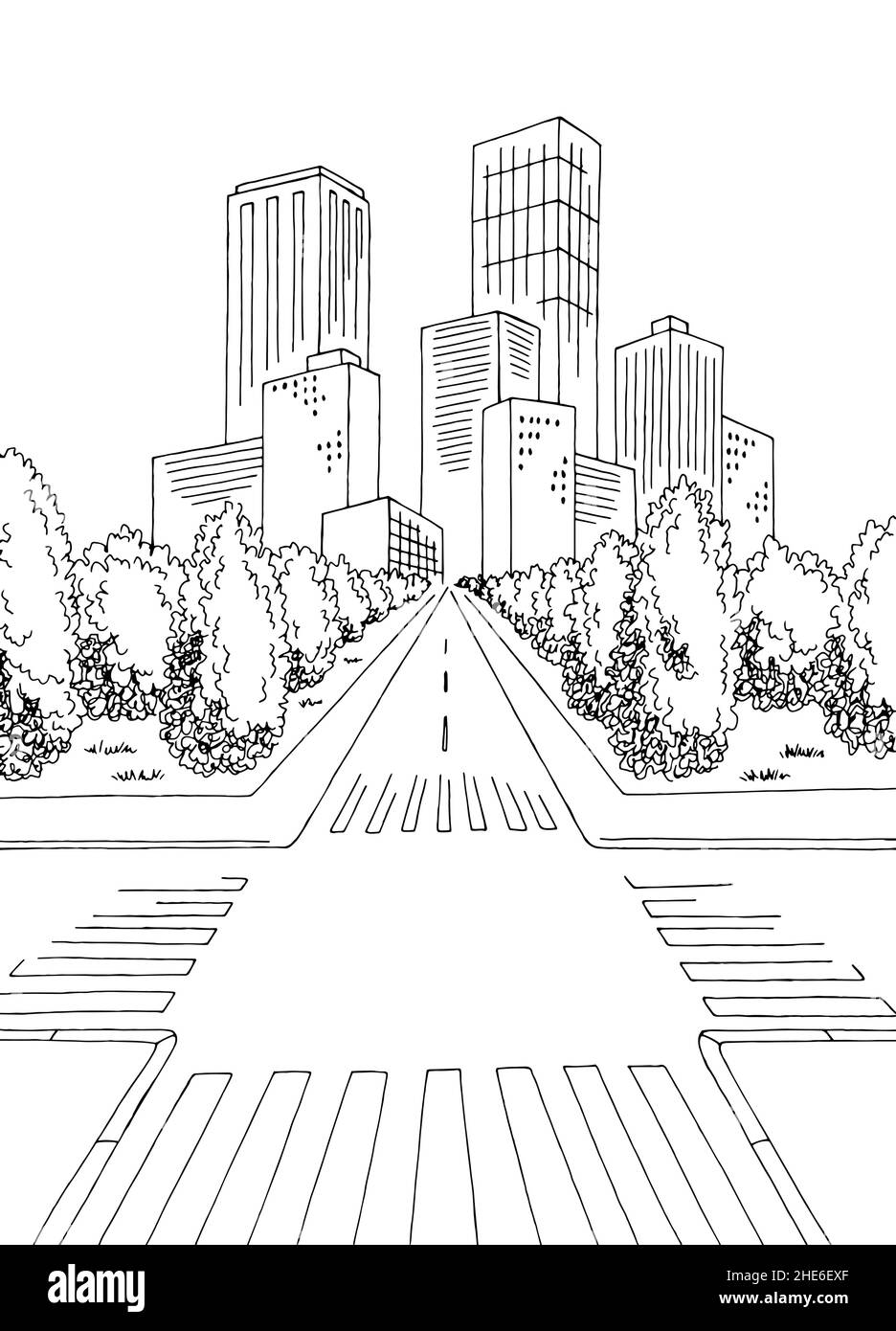 Crossroad-Grafik schwarz weiß vertikale Landschaft Skizze Illustration Vektor Stock Vektor