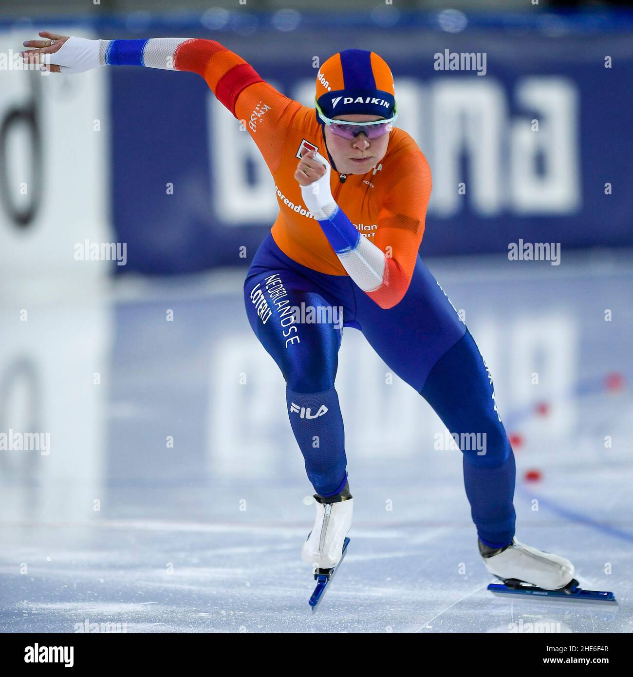 HEERENVEEN, NIEDERLANDE - 8. JANUAR: Dione Voskamp vom Team Worldstream Corendon und den Niederlanden bei den ISU-Europameisterschaften 2022 am 8. Januar 2022 in Heerenveen, Niederlande (Foto: Lars Hagen/Orange PicBilder) Stockfoto