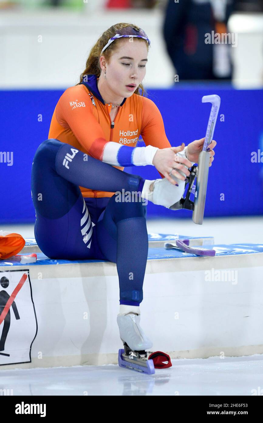 HEERENVEEN, NIEDERLANDE - 8. JANUAR: Michelle de Jong vom Team Reggeborgh und den Niederlanden bei den ISU-Europameisterschaften 2022 am 8. Januar 2022 in Heerenveen, Niederlande (Foto: Lars Hagen/Orange PicBilder) Stockfoto