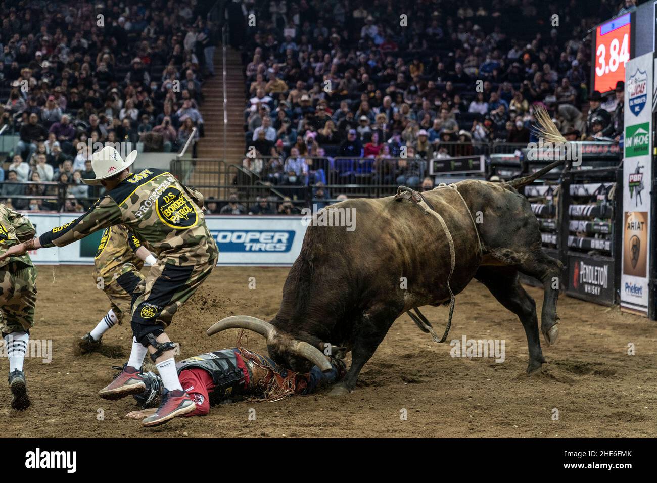 Silvano Alves von Pilar do Sul, Brasilien, reitet während des 2nd-tägigen PBR Unleash the Beast im Madison Square Garden einen Stier. Es handelt sich um eine jährliche Veranstaltung, die 2021 aufgrund der COVID-19-Pandemie abgesagt wurde und in diesem Jahr mit dem COVID-Protokoll zurückgegeben wurde. (Foto von Lev Radin/Pacific Press) Stockfoto