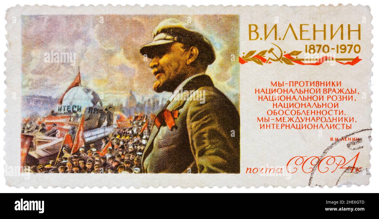 Die in Russland (Sowjetunion) gedruckte Briefmarke zeigt W. I. Lenin, 1870-1970 Stockfoto