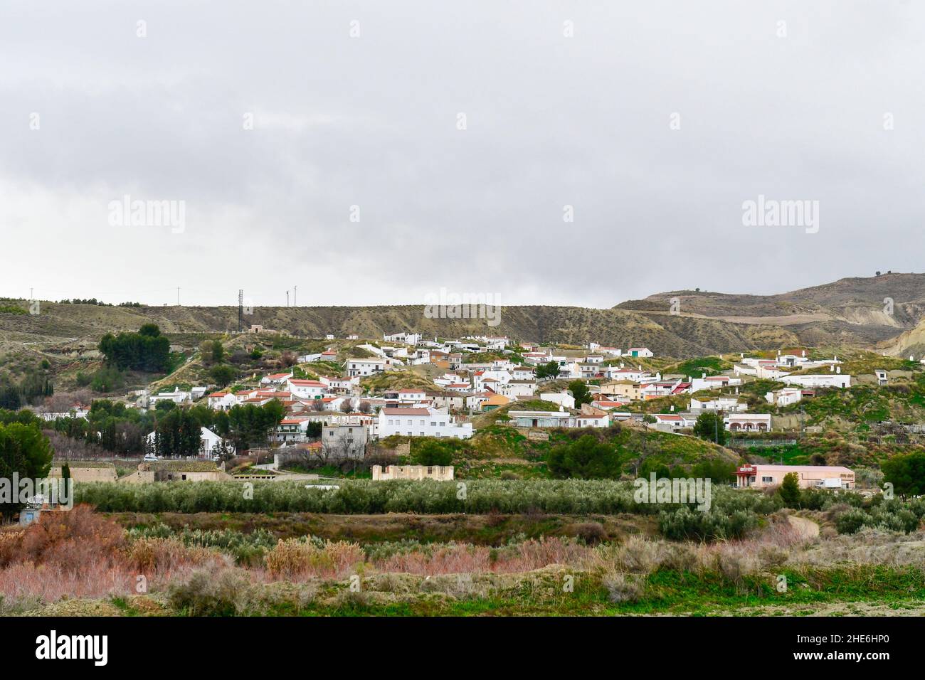 Panoramablick auf die ländliche Villa de Dehesas de Guadix, Granada. Stockfoto