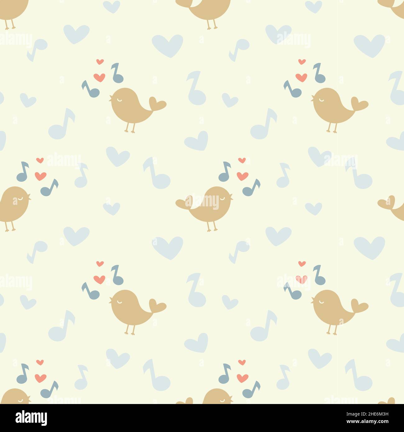 Niedliche Vogel und Musik Noten nahtlose Muster. Farbenfroher Singbirds-Druck für Papier oder Stoff. Stock Vektor