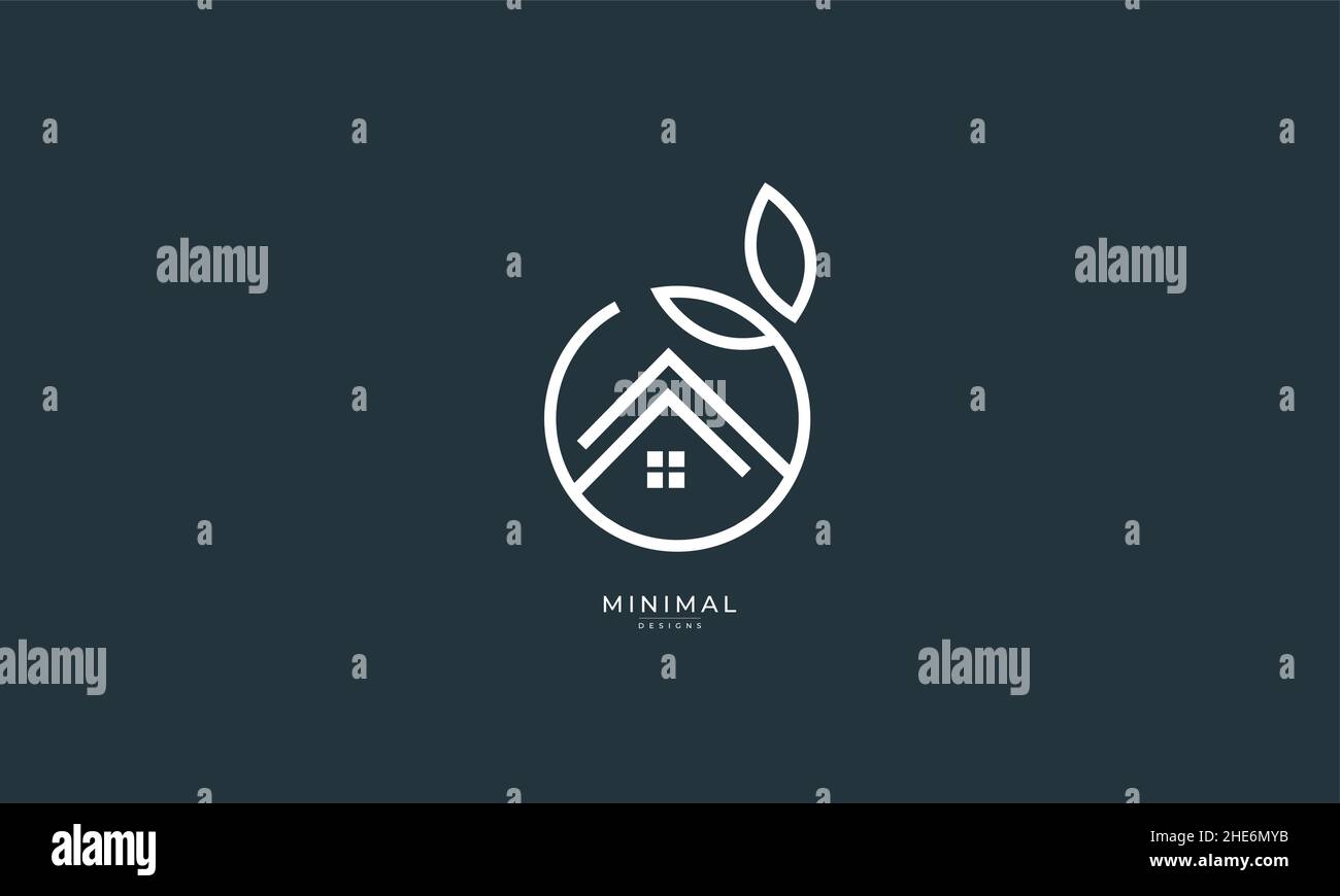 Eine Linie Art Icon Logo eines Hauses / zu Hause mit einem Blatt Kreis Stock Vektor