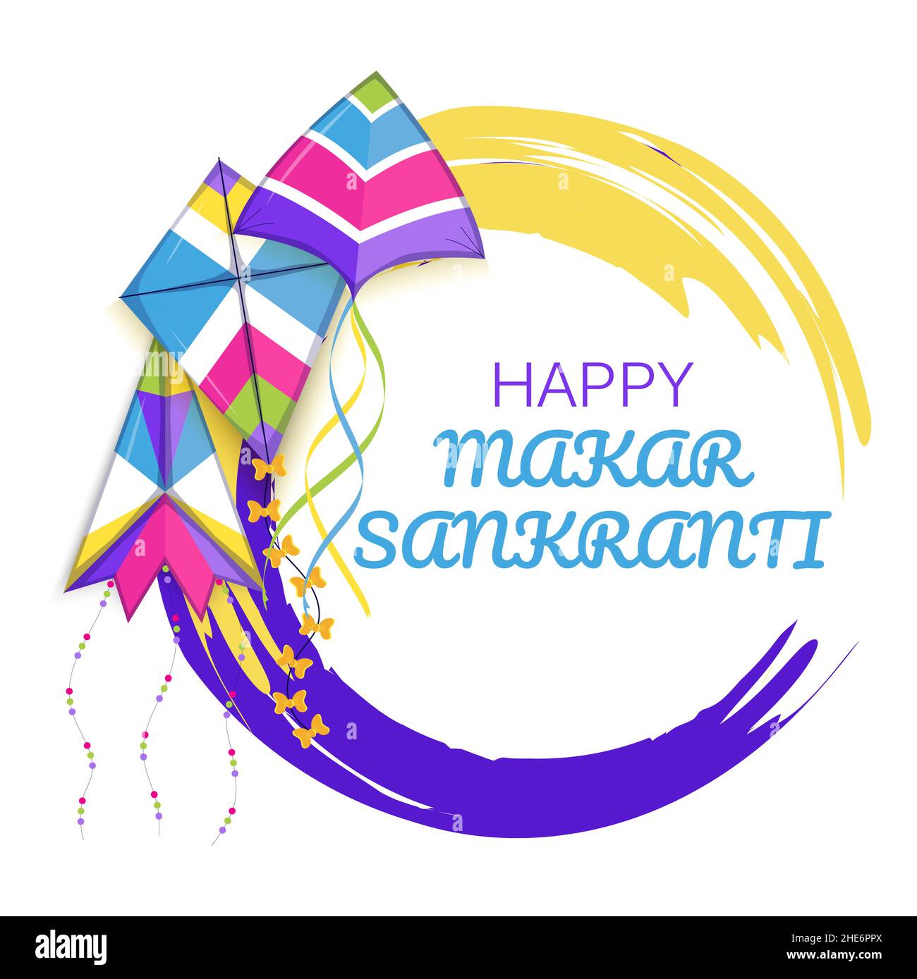 Glücklicher Makar Sankranti-Vektor. Hindi Grußkarte für Web, Social net. Makar Sankranti Konzept mit bunten Drachen am Himmel Stock Vektor