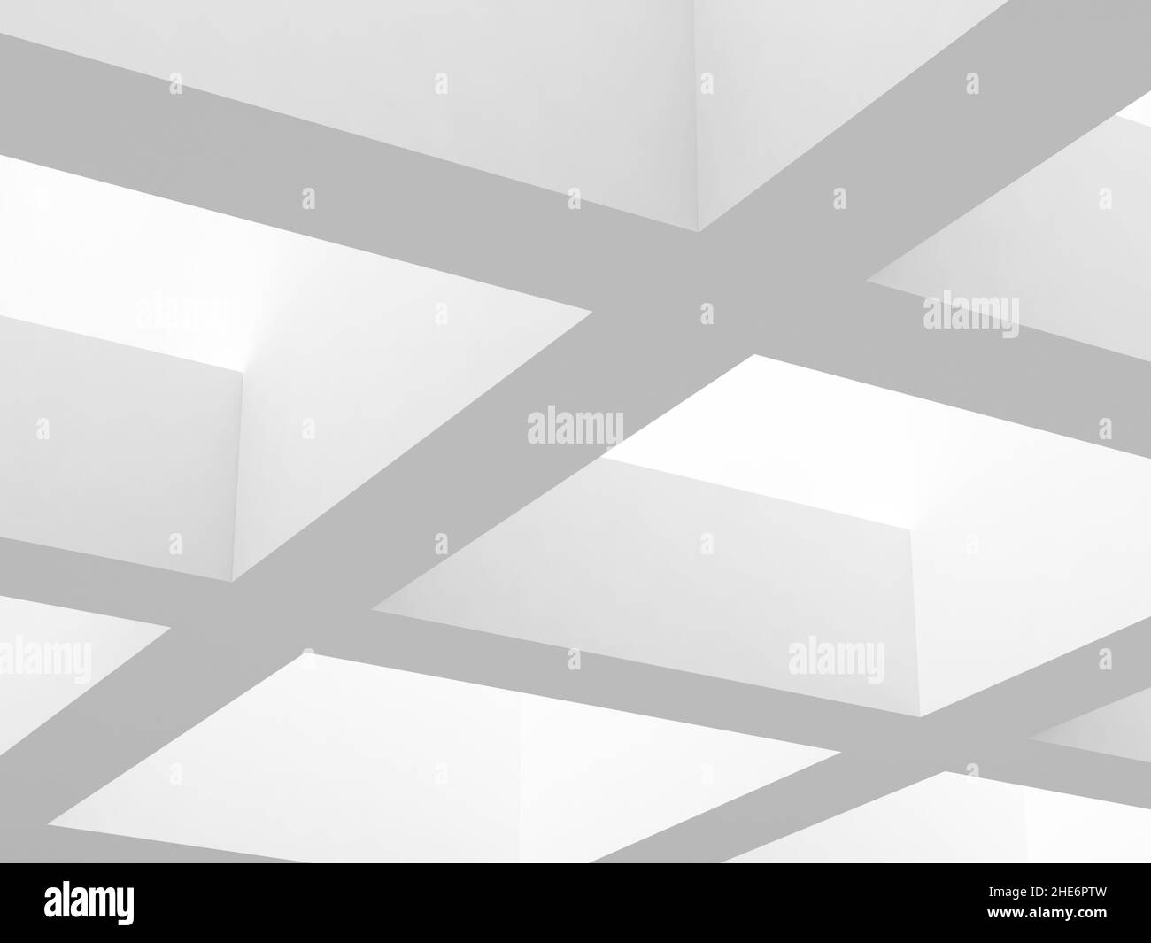 Abstrakter minimaler architektonischer Hintergrund. Weiße Dachfenster-Rahmenelemente mit weichen Schatten. 3D Rendering-Illustration Stockfoto