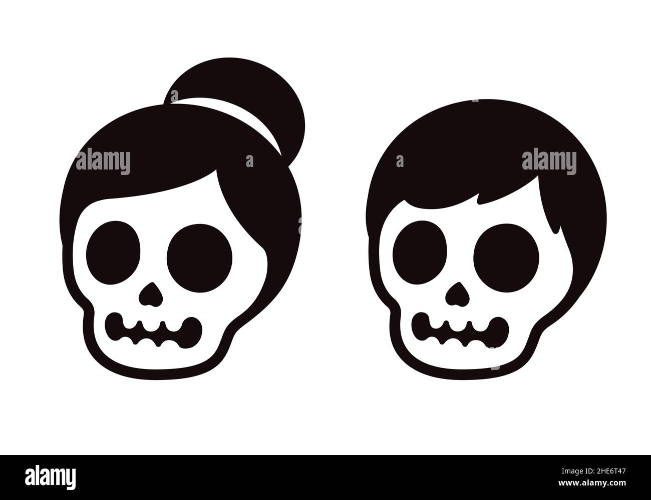 Cartoon Schädel Paar, männlich und weiblich. Zwei menschliche Schädel mit Haaren. Einfache Schwarz-Weiß-Symbole oder -Logos, Vektor-Clip-Art-Illustration. Stock Vektor