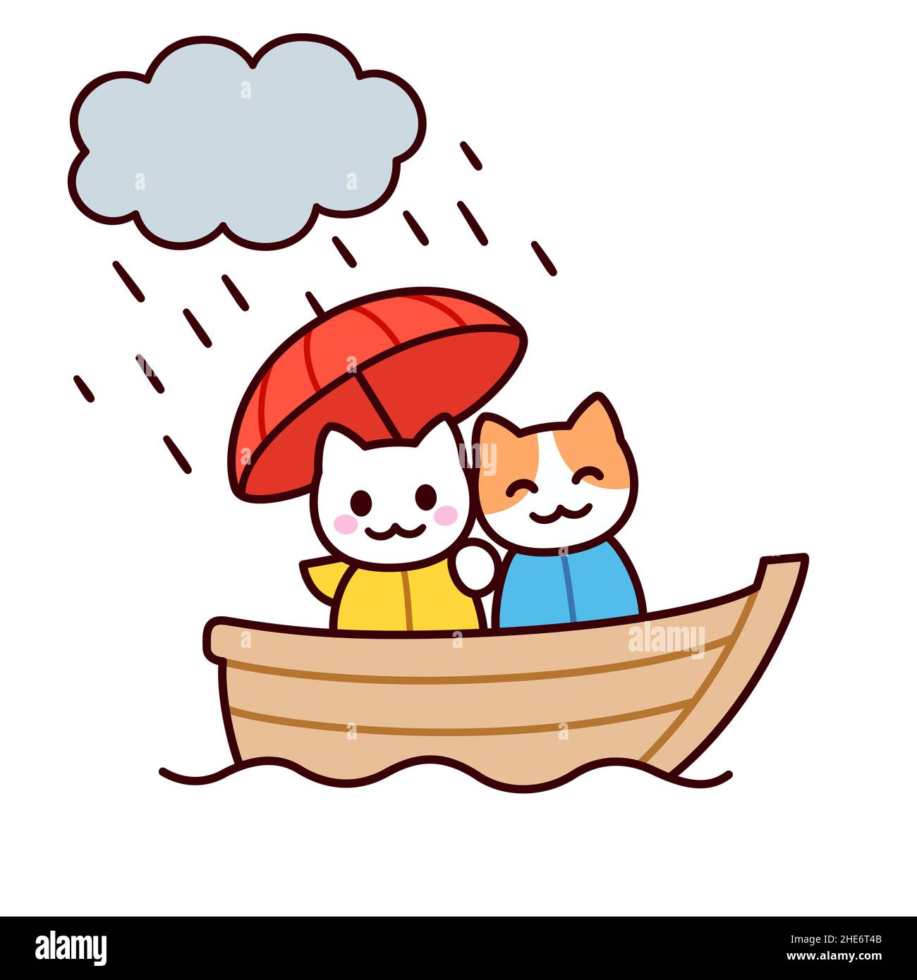 Cute Cartoon Katze paar Zeichnung auf einem Boot mit Regenschirm. Zwei Kawaii Katzen im Regen zusammen. Isolierte Vektor-Clip-Art-Illustration. Stock Vektor