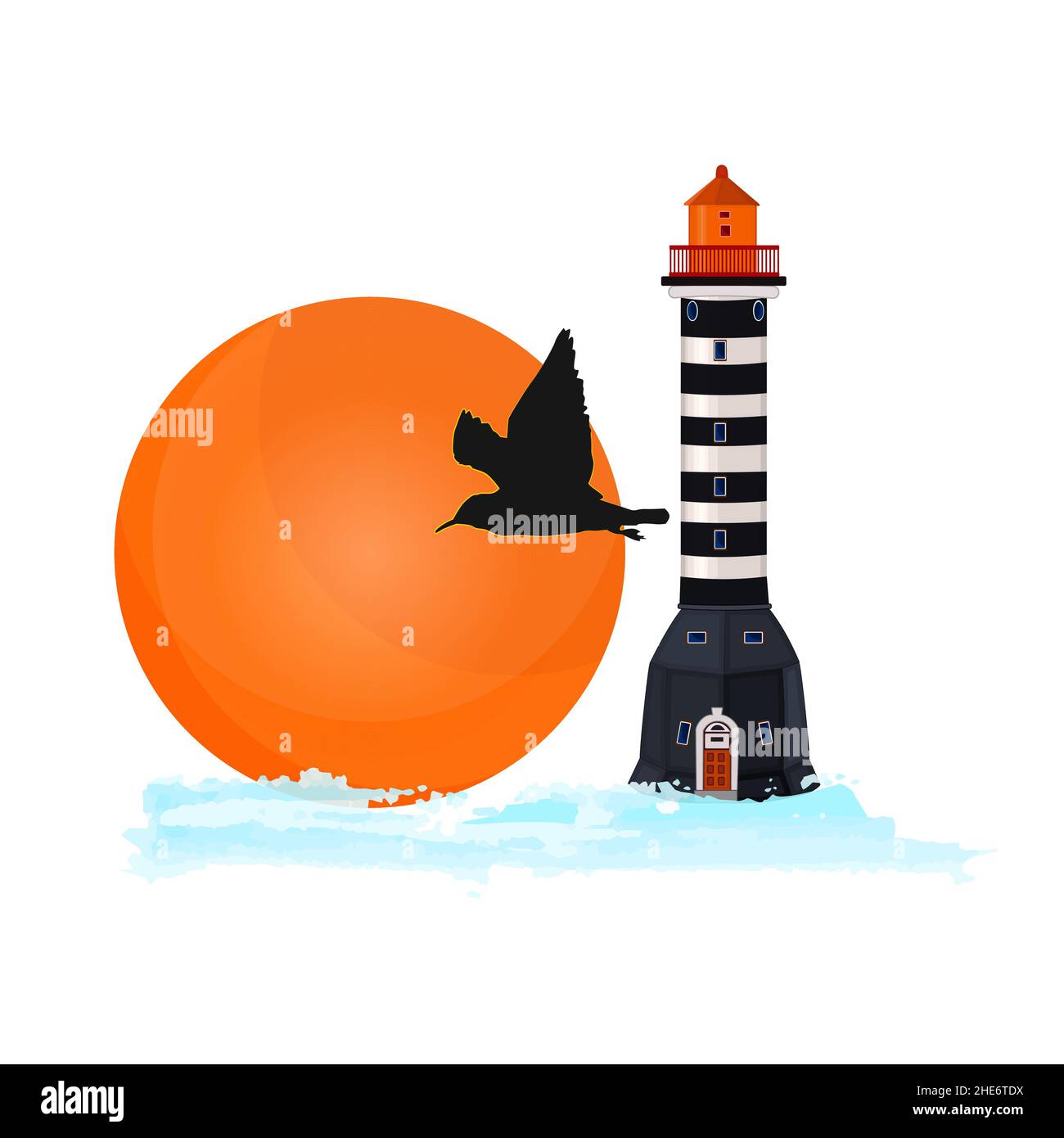 Marine-Logo auf weißem Hintergrund isoliert. Leuchtturm, Sonne, Möwe und Meereswelle. Weiß schwarz gestreifte Leuchtfeuer, rote Sonne, Wasser und Möwe Silhouette.Vektor Stock Vektor