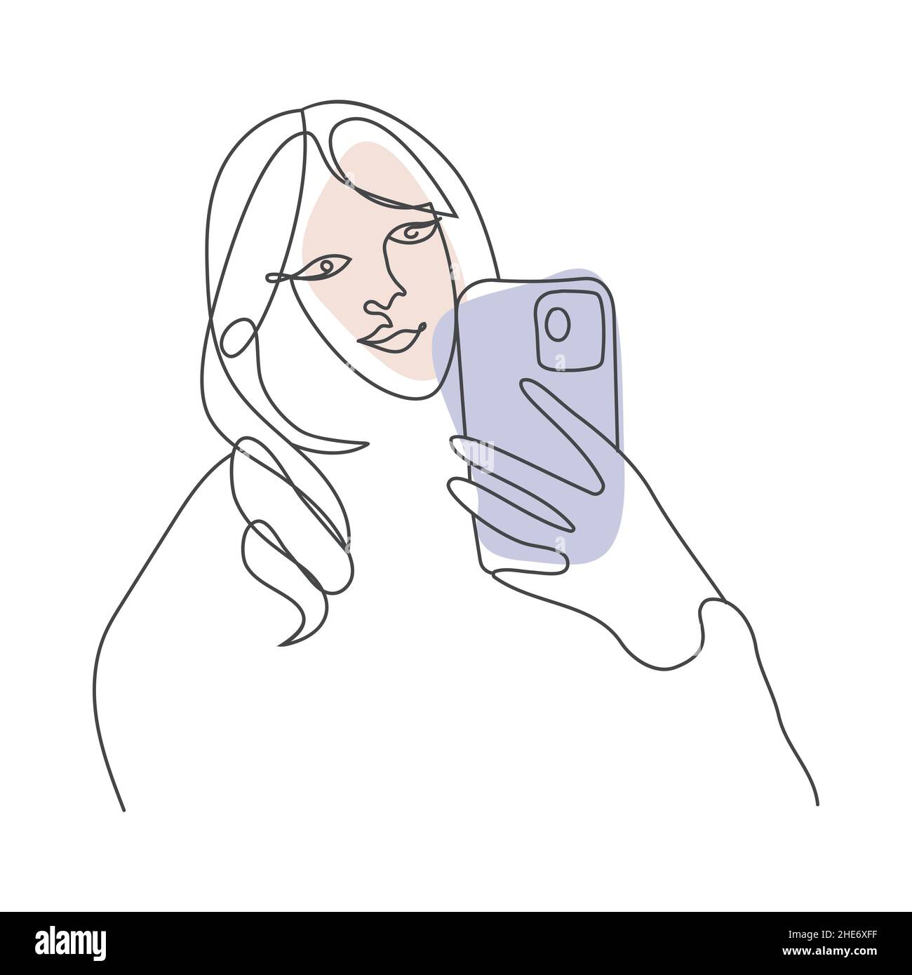 Eine Linie Kunst Frau Figur Vektor Zeichnung. Konturlinie. Abstraktes, minimalistisches Gesicht. Ein Mädchen mit Telefon, das Selbstfoto macht. Zwei geometrische Formen Stock Vektor