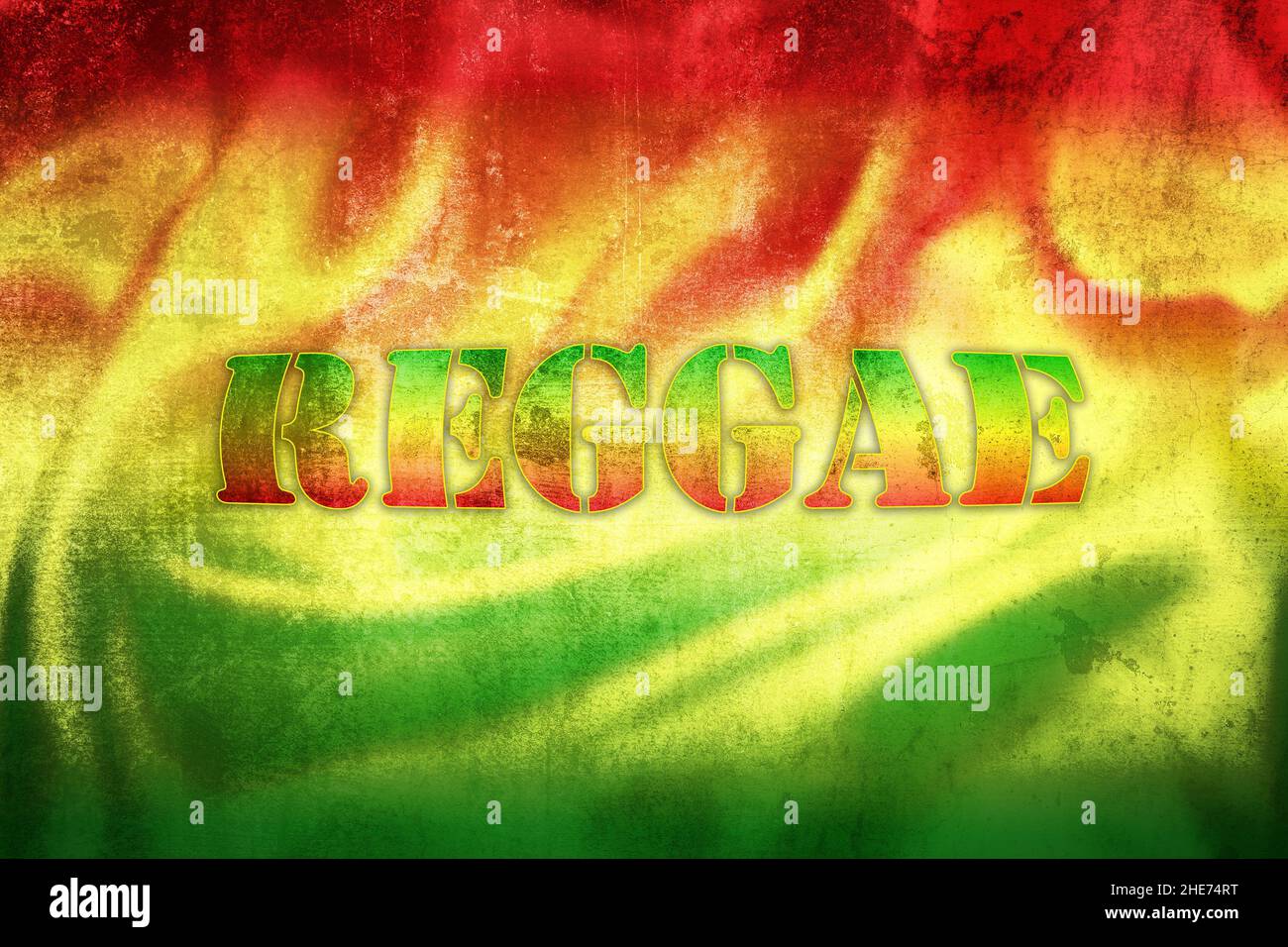 Reggae-Label-Illustration auf Grunge Rastafari-Flagge, Symbol des Musikgenres Stockfoto