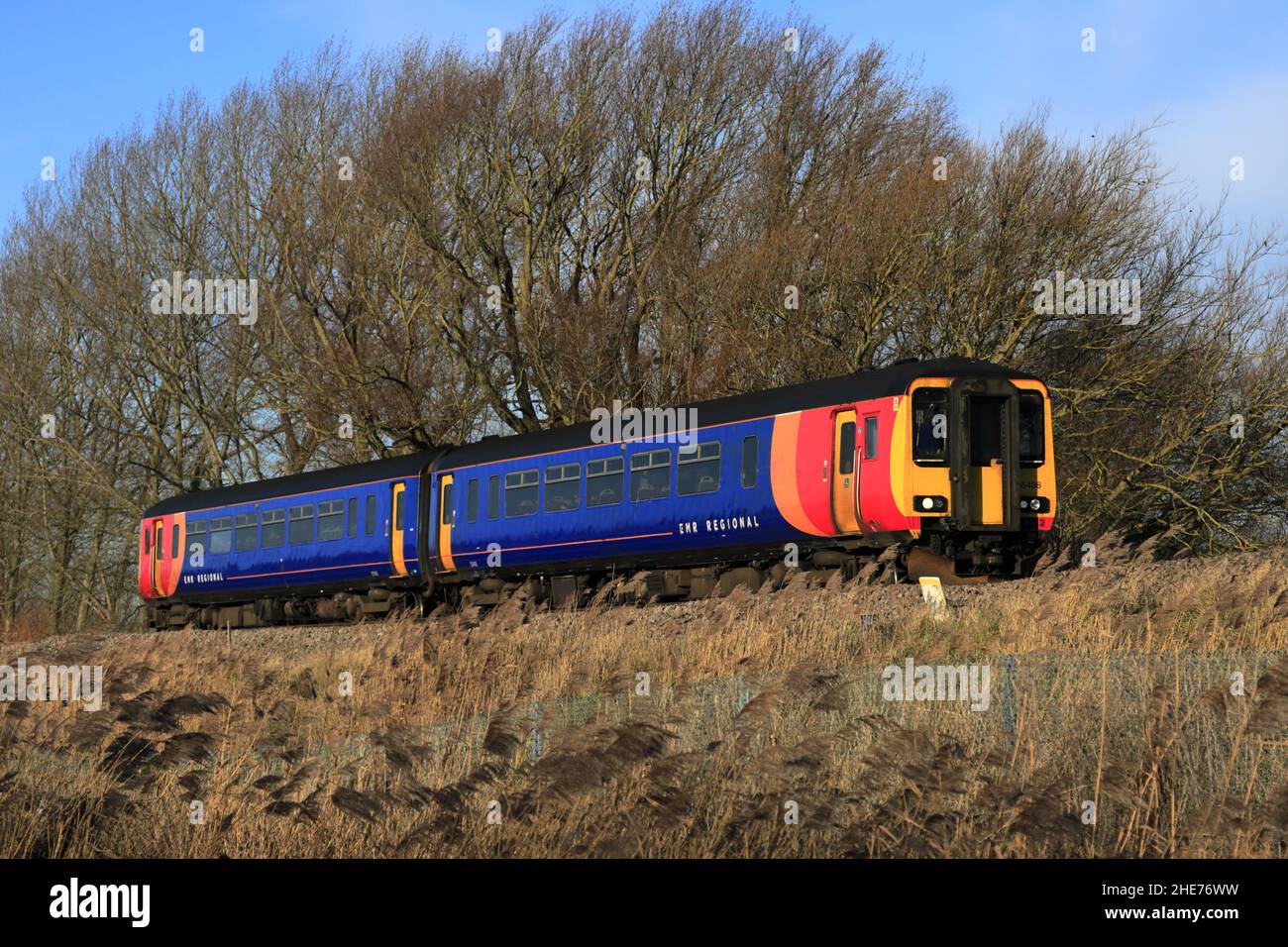 Regionalzug East Midlands 156408 in der Nähe von Whittlesey Town, Fenland, Cambridgeshire, England Stockfoto