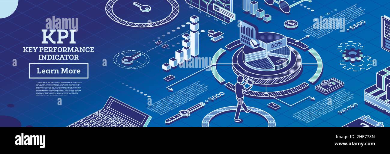 KPI-Key-Performance-Indikator. Vektorgrafik. Isometrisches Konzept der Geschäftsleistungsstrategie und -Analyse. Infografik-Charts. Stock Vektor