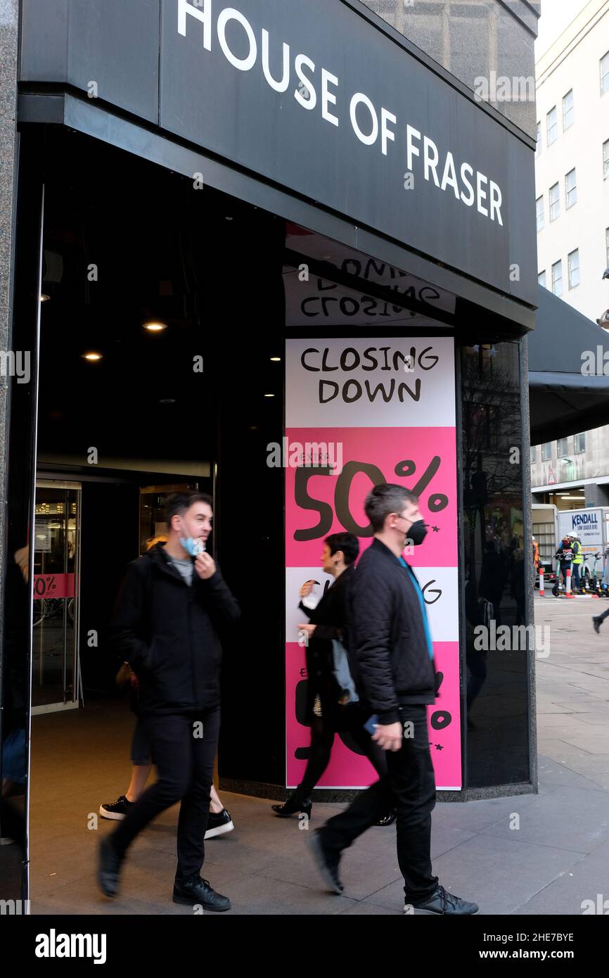Oxford Street, London, Großbritannien. 9th. Januar 2022. Der Flagship-Store von House of Fraser in der Oxford Street schließt in zwei Tagen. Kredit: Matthew Chattle/Alamy Live Nachrichten Stockfoto
