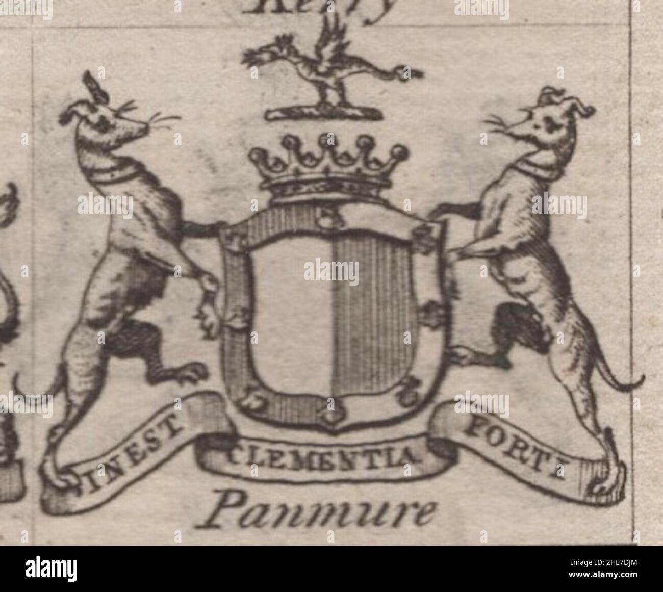 Historische antike Gravur aus dem 18th. Jahrhundert Wappen, Wappen, irischer Earl Panmure , Motto / Slogan: Inest clementia forti von Woodman & Mutlow fc russel Co um 1780s Quelle: Originalgravuren aus dem jährlichen Almanachbuch. Stockfoto