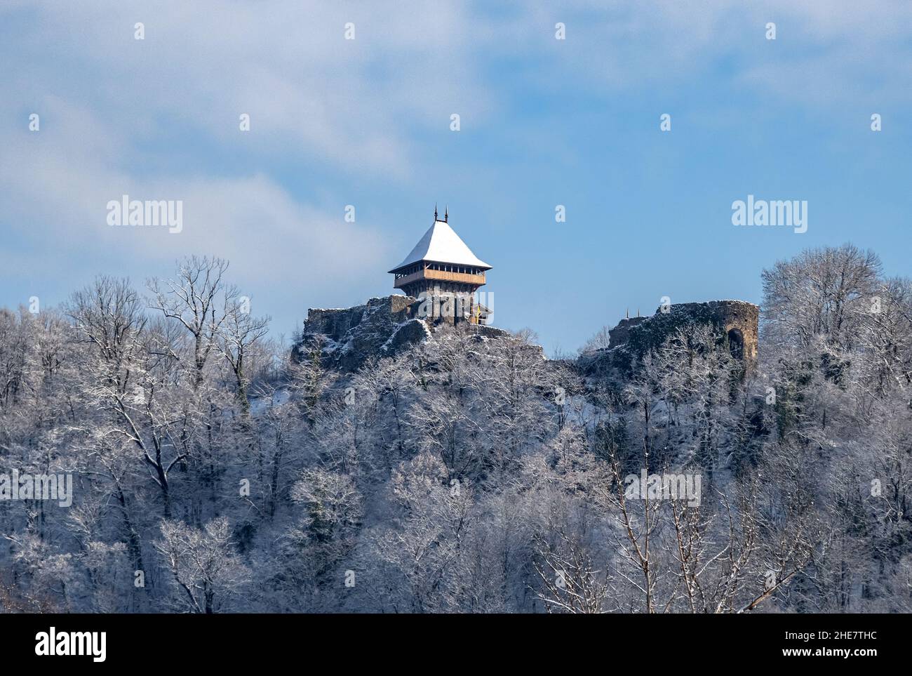 Nevitsky Schloss im Winter. Ukraine. Stockfoto